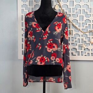 WAYF Womens Floral Surplice V-Neck Blouse Blue Red Pink Long Sleeve Small USA